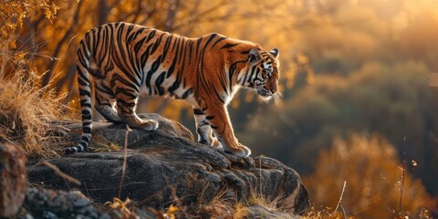 Naklejka premium Bengal Tiger Panthera tigris tigris showcasing its skill for climbing and hunting on elevated terrain