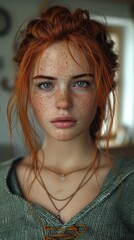 portrait of a woman with long brown hair blue eyes and a pale skin tone