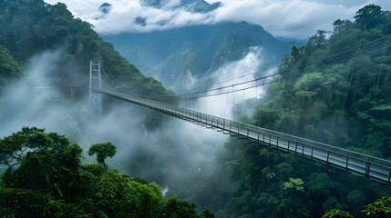 A majestic suspension bridge covered in mist spanning a lush rainforest valley.