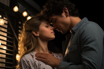 Young girlfriend kissing boyfriend on bed. in the bedroom, generative IA