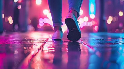 Fototapeta premium Close-up of barefoot woman walking on warm city pavement. Urban street background. Neon night lights. 