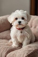 A small white dog is sitting on a couch