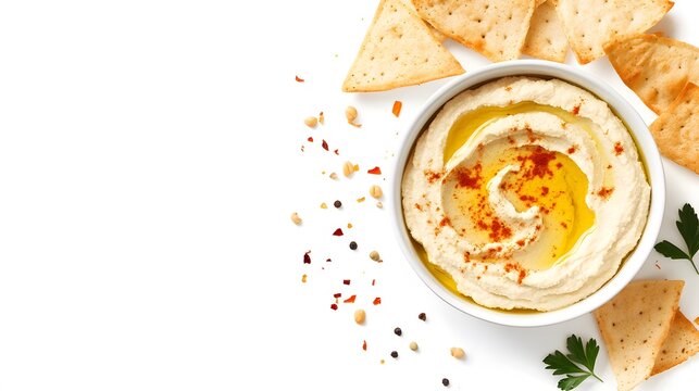 A realistic top view of a bowl of creamy hummus drizzled with olive oil and sprinkled with paprika, served with pita chips on a white background