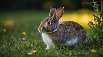 Fototapeta premium A brown and white rabbit is standing in a grassy field