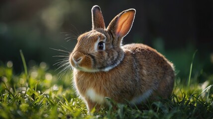 Fototapeta premium A brown rabbit is sitting in the grass