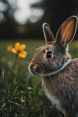 Fototapeta premium A rabbit is standing in a field of grass and flowers