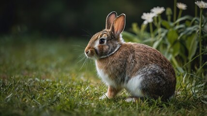 Fototapeta premium A brown and white rabbit is sitting in the grass