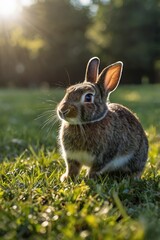 Fototapeta premium A rabbit is standing in a field of grass