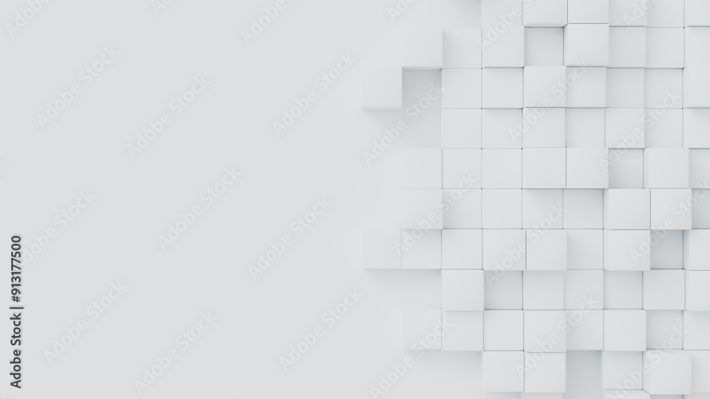 Poster white cubes with random size on white backdrop. a place for text on the left. abstract 3d render ill