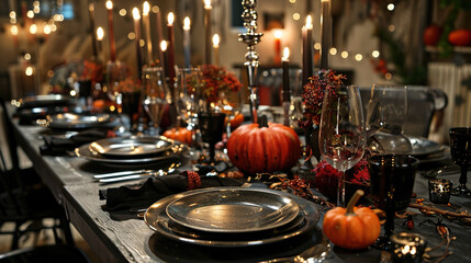 A beautifully set dining table adorned with a Halloween-themed centerpiece. The table is decorated with small pumpkins, gourds, and seasonal foliage. Tall, lit candles in elegant candle holders are pl