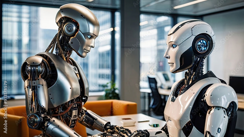 Poster Advanced Android Robot Collaborates With Human in Modern Corporate Office Environment for Enhanced Teamwork and Productivity