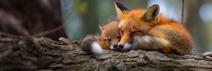 Obraz premium A heartwarming image of two foxes snuggled together on a tree branch, peacefully sleeping in a forest setting.