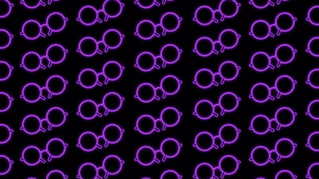 Neon glowing glasses animated pattern isolated on black background, Old Fashioned model glasses in neon light, neon style effect Meta verse and viral reality design Glowing neon line glasses.