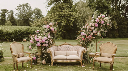 Obraz premium Wedding decoration with peonies, floral decor and event celebration, peony flowers and wedding ceremony in the garden, English country style