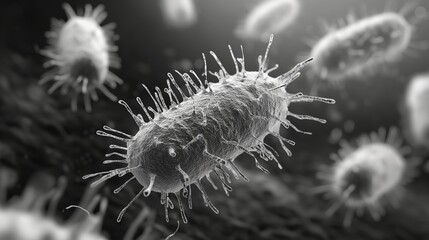 Close-up view of bacteria with spiky structures in a monochrome setting, illustrating microbiological details