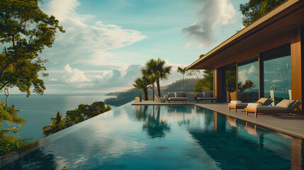 Fototapeta premium A modern tropical retreat with an infinity pool and panoramic views of the ocean.