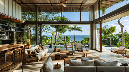 Fototapeta premium A modern tropical retreat with floor-to-ceiling windows offering breathtaking views of the ocean and lush gardens.