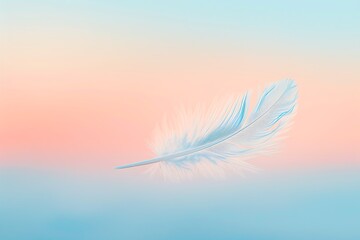 A serene, pastel gradient with soft hues of blue and pink, featuring a single, delicate white feather floating mid-air. Minimalist, calming composition evoking tranquility and lightness.