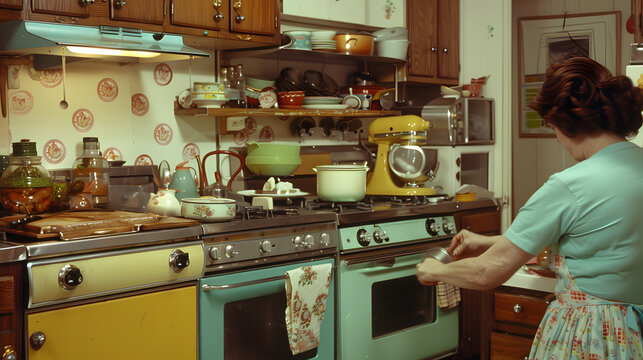 A mother cooking in a 1970s kitchen with colorful appliances and decor.