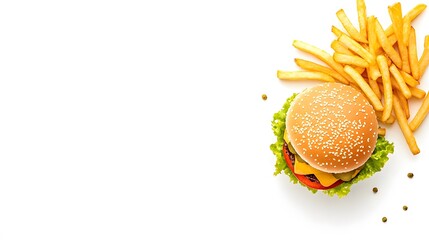A realistic top view of a classic cheeseburger with lettuce, tomato, and pickles, accompanied by golden French fries, set against a clean white background, american food