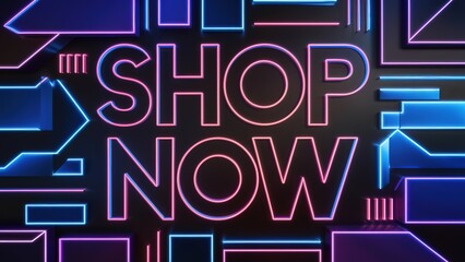 A neon sign that says "Shop Now" in a colorful, futuristic style