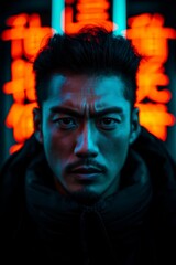 Intense portrait of a man in cyberpunk style, illuminated by vibrant neon lights with a dark urban background