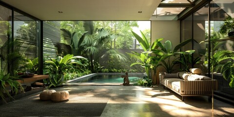 Fototapeta premium Contemporary architectural design showcasing lush plant life and natural lighting
