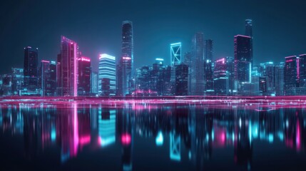 Fototapeta premium Neon Skyline Reflection in a Calm Water