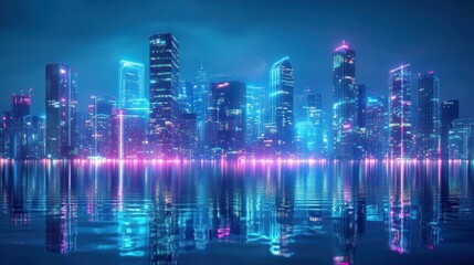 Futuristic Cityscape with Neon Lights Reflected in Water