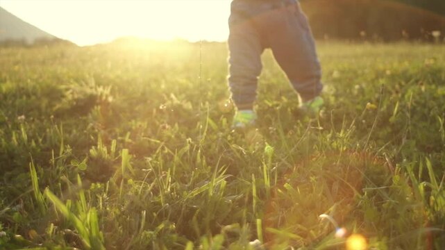 Close up of infant baby learning to walking first step on green grass in summer park during warm sunset. Toddler first steps in nature. Childhood concept. Selective focus