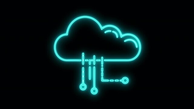 Neon Data Cloud Illustration. Icon Outline engraving Style  Vintage Line Style Data Cloud Technology Concept. Futuristic Neon Light Data Cloud with Arrows Illustration. 
