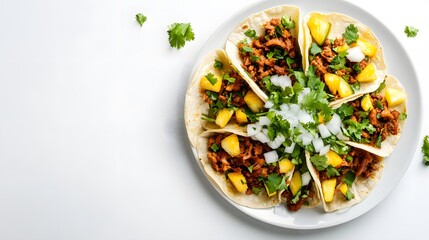 A realistic top view of a plate of tacos al pastor with pineapple, cilantro, and onions, arranged on a clean white background