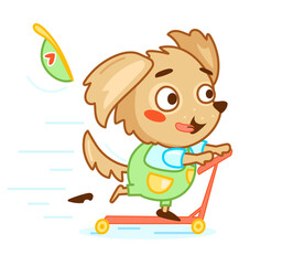 cute baby dog riding a scooter illustration