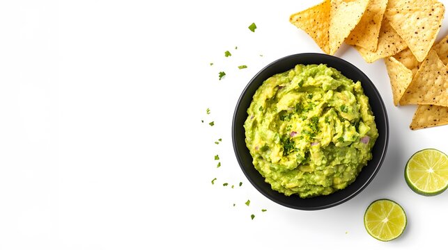 A realistic top view of a bowl of rich and creamy guacamole with tortilla chips and a sprinkle of lime zest, set against a white background