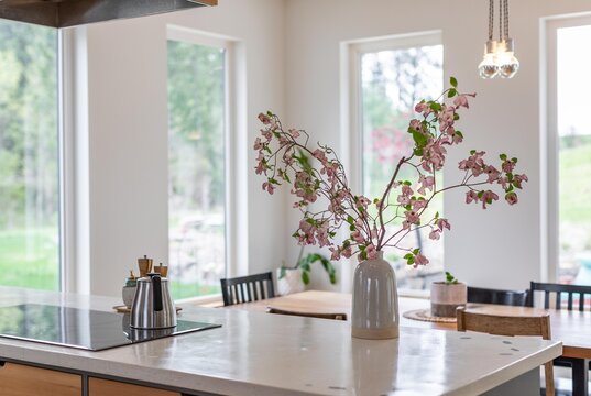 Breakfast Bar with Flowers and Natural Light