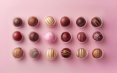 Exquisite chocolate bonbons organized neatly on pink background. Generative AI image
