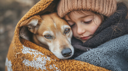 A close-up of a child comforting a shivering stray dog under a warm blanket, both figures exuding trust and tenderness, left third copy space. Love and Harmony, Care and Care, Resp