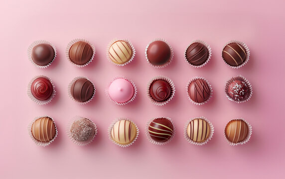 Exquisite chocolate bonbons organized neatly on pink background. Generative AI image