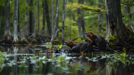 A pair of beavers constructing a lodge in a forest pond surrounded by trees and aquatic plants.