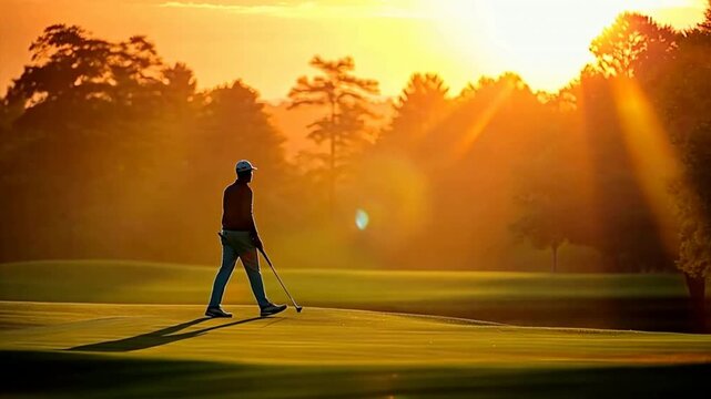 Golfer playing golf in the evening golf course, on sunset evening time. Man playing golf on a golf course in the sun.