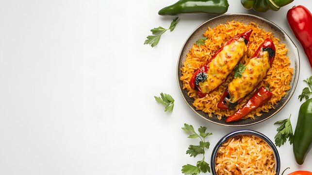 A realistic top view of a traditional Mexican chiles rellenos with cheese-stuffed peppers and a side of Mexican rice, set against a white background