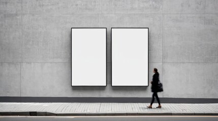 Woman Walking Past Two Large White Frames on Wall