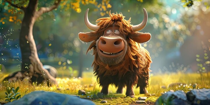 yak 3D animation cartoon style, colorful, happy, friendly, 3d cartoon, nature, outdoors 