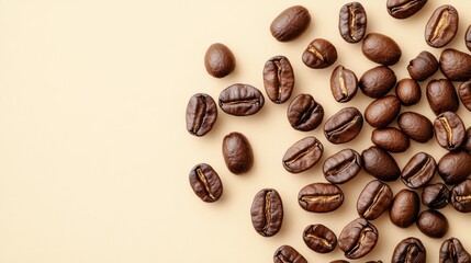 Aromatic roasted coffee beans scattered on a soft beige background, creating a warm and inviting...