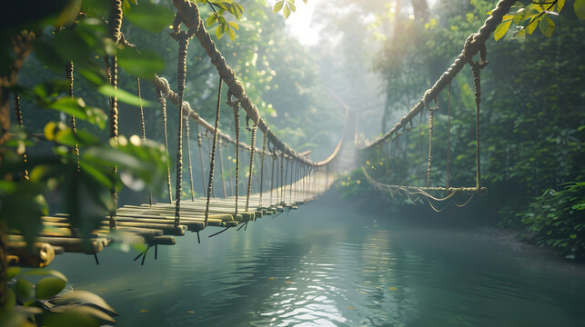 Fototapeta A picturesque rope bridge over a tranquil jungle river bathed in morning light.