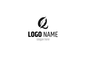Q letter logo with feather combination in flat design
