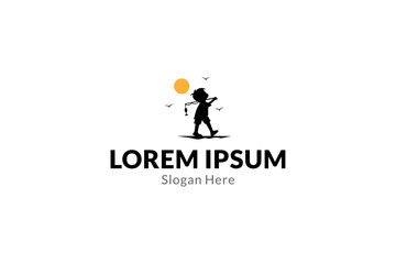 Fototapeta premium silhouette logo of kid fishing in the afternoon in flat vector design
