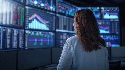 Obraz premium A woman observes data analysis on multiple screens in a modern office, highlighting technology and analytics in action.