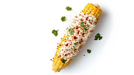 A realistic top view of a Mexican street corn (elote) coated with mayo, cheese, and chili powder, served on a white background