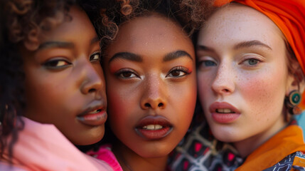 Obraz premium Portrait of beautiful models of different nationalities posing together outdoors. Young girlfriends spend time together. Beauty, fashion concept. Lifestyle.